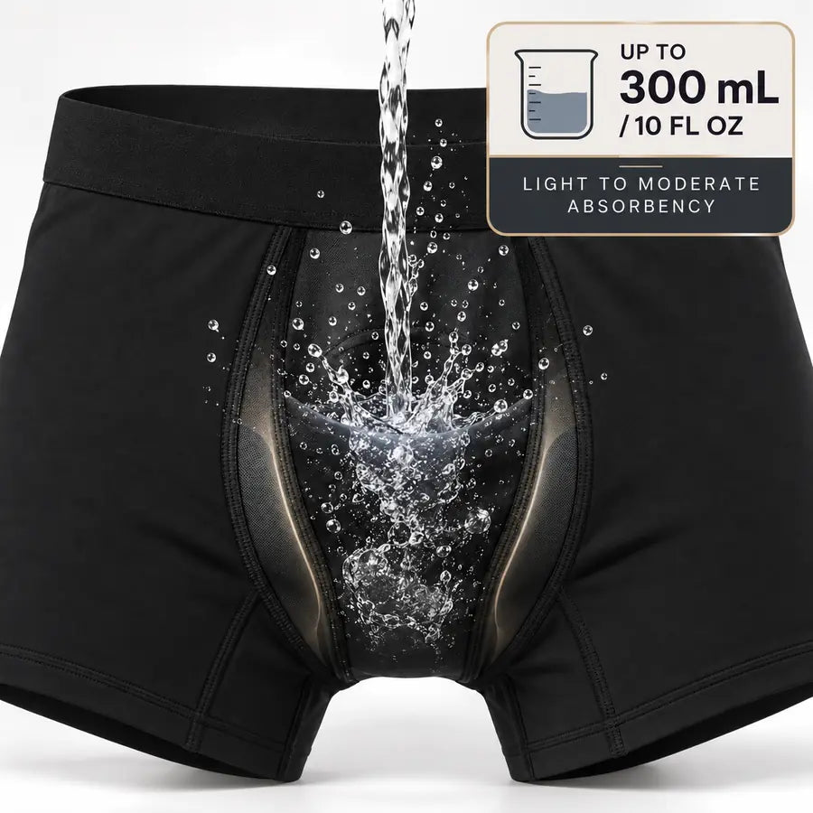 GoAgain black boxer briefs absorbency demonstration up to 300 mL